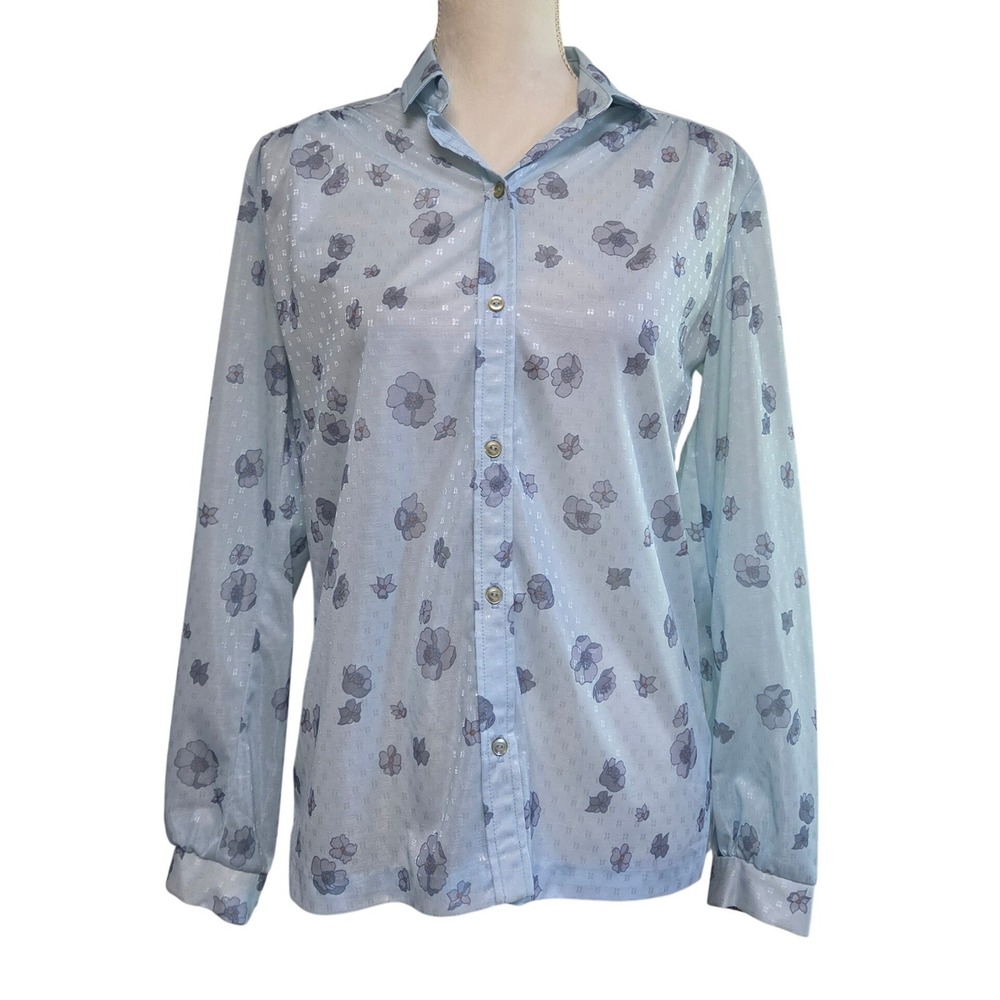 70s Retro Sheer Powder Blue Floral Shimmer Button Front Shirt Sz M Mod Coquette